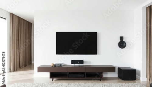 TV speakers living room inspirations featuring sleek, integrated sound systems in modern media consoles or wall-mounted speakers for a premium viewing experience