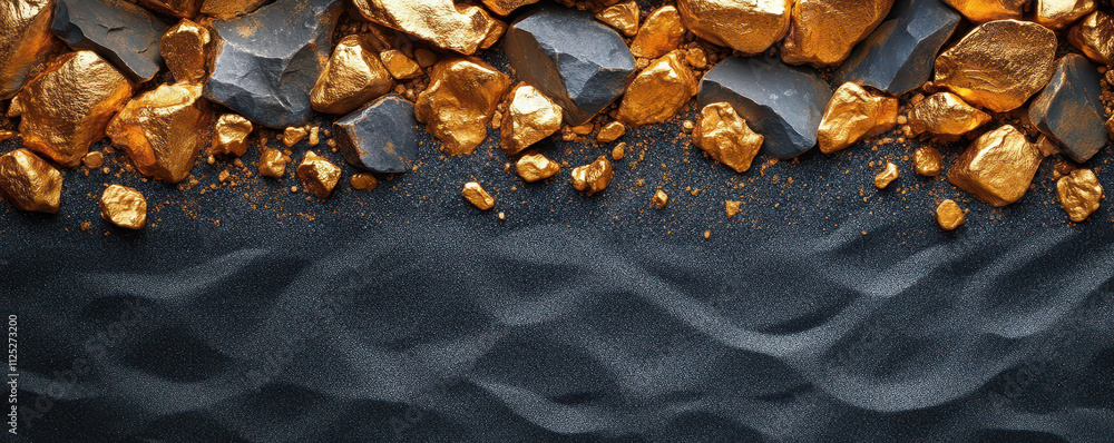 Obraz premium Gold nuggets and stones lying on black sand forming a textured background