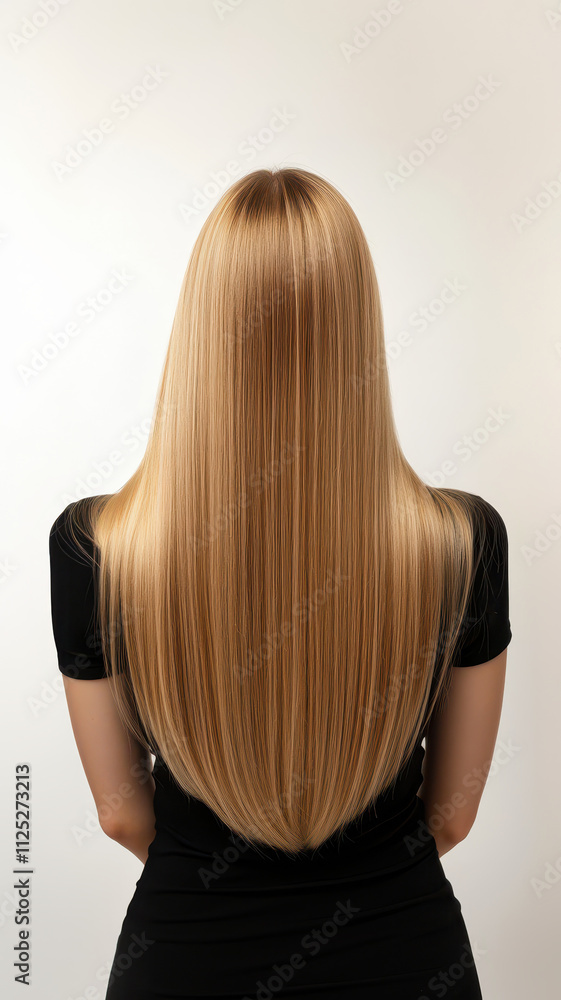 Woman showing long straight blonde hair on white background Woman showing long straight blonde hair on white background
