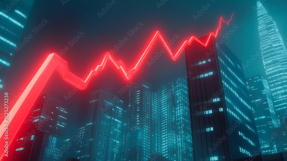 Naklejka premium A dynamic representation of digital financial growth, featuring a glowing red line graph symbolizing stock market returns. Development and digital financial evolution