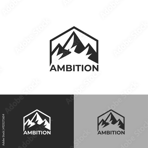 Bold geometric mountain peaks, sleek minimal design, symbolizing strength, ambition.