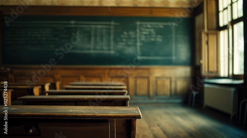 Retro Classroom with Blackboard and Wooden Desks.