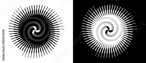Spiral with lines as dynamic abstract vector background or logo or icon. Yin and Yang symbol. Black spiral on white background and white spiral on black background.