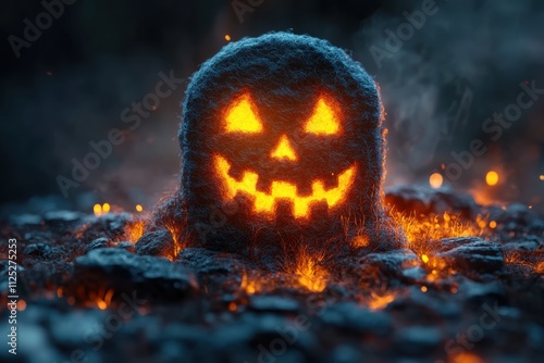 A spooky, glowing pumpkin-shaped figure surrounded by embers, evoking a Halloween atmosphere. photo