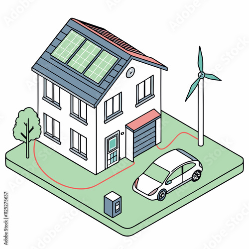 Home virtual battery energy storage with house photovoltaic solar panels plant, wind and rechargeable li-ion electricity backup. Electric car charging on renewable smart power island off-grid system.