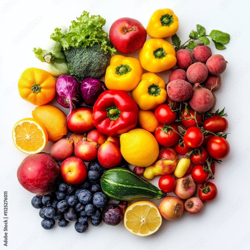 Vibrant assortment of fresh fruits and vegetables on white background. Vibrant assortment of fresh fruits and vegetables on white background.