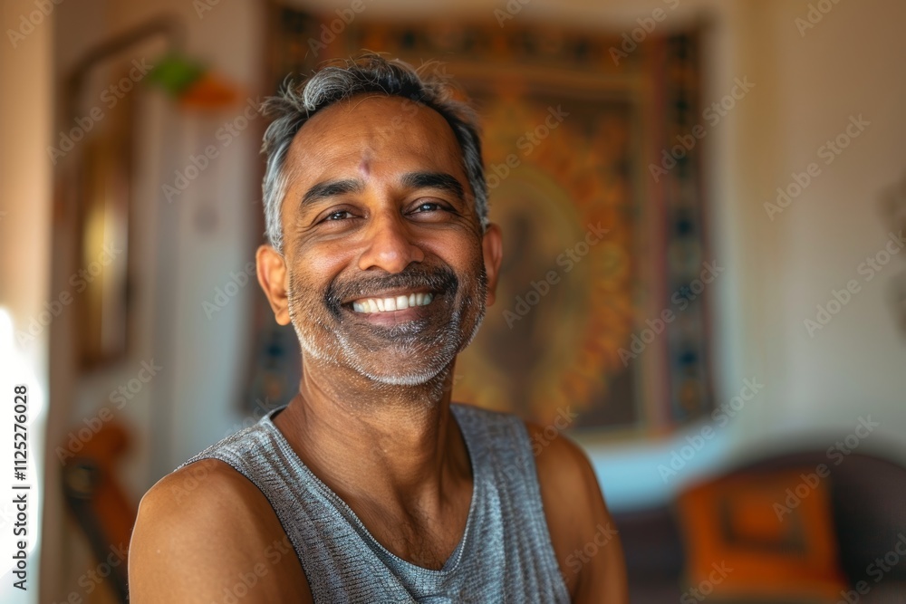 Portrait of a smiling indian man in his 30s sporting a breathable mesh jersey isolated on serene meditation room Portrait of a smiling indian man in his 30s sporting a breathable mesh jersey isolated on serene meditation room