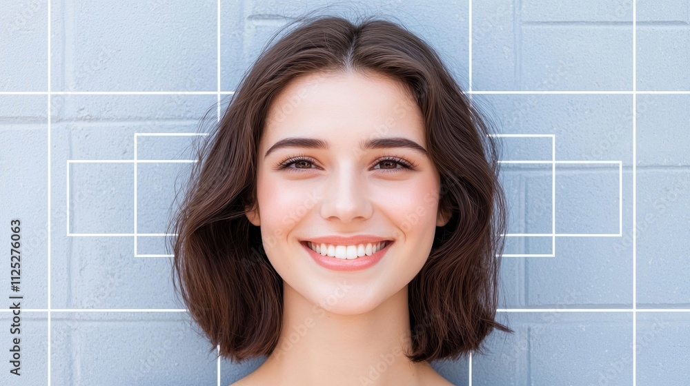 A smiling young woman with medium-length hair poses against a light blue background, radiating joy and confidence. A smiling young woman with medium-length hair poses against a light blue background, radiating joy and confidence.