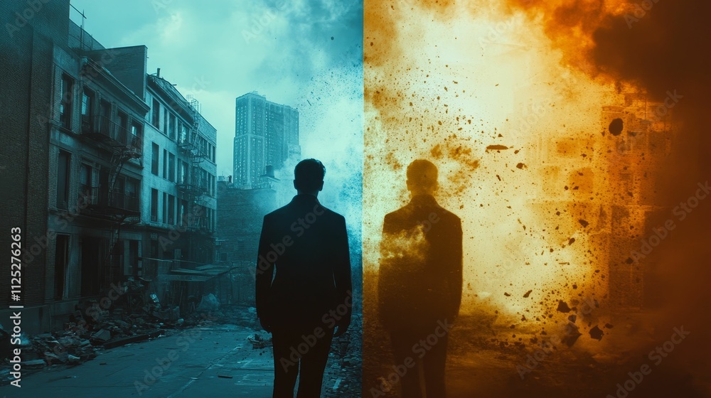 Fototapeta premium Silhouette walks between contrasting cityscapes; destruction and hope.