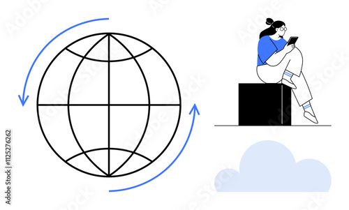 Woman sitting on black box using tablet beside globe with blue arrows and light blue cloud. Ideal for global connectivity, technology, communication, learning, travel, business, remote work. Line