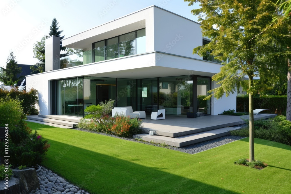 Modern Villa: A Cozy Green Haven with White Accents and Serene Landscape Modern Villa: A Cozy Green Haven with White Accents and Serene Landscape
