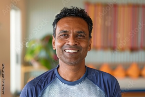 Portrait of a smiling indian man in his 30s sporting a breathable mesh jersey over serene meditation room