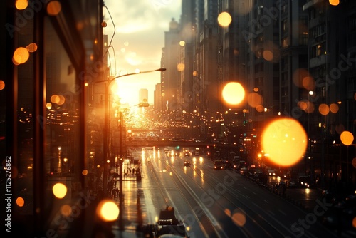 Sunset cityscape with blurred lights reflecting on wet streets during golden hour