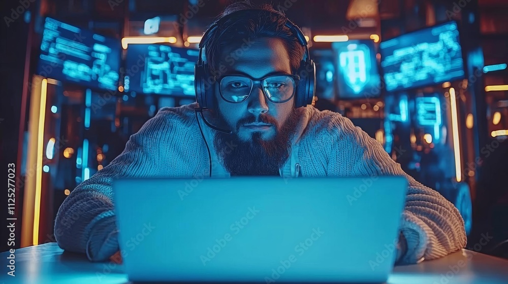 Portrait of Handsome Indian Software Developer / Hacker / Gamer Wearing Headset Sitting at His Desk and Working / Playing on Laptop