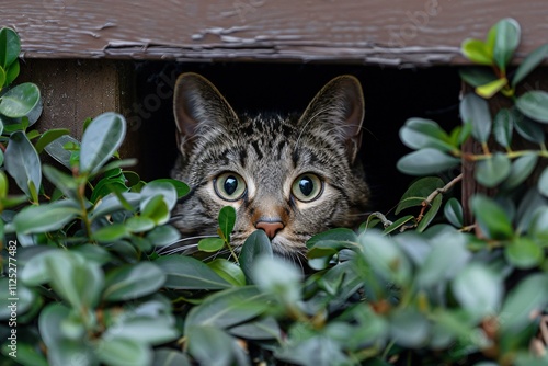 A Curious Feline Peeking from its Bushy Hideaway photo