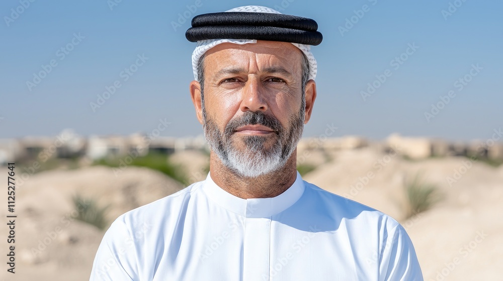 Portrait of a man in traditional Middle Eastern attire against a desert landscape. Portrait of a man in traditional Middle Eastern attire against a desert landscape.