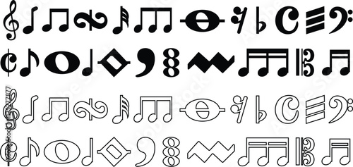 Music notes Musical key signs icon in flat, line style set. Vector for apps and website solid pictogram Black musical Simple symbol elements isolated on transparent background.