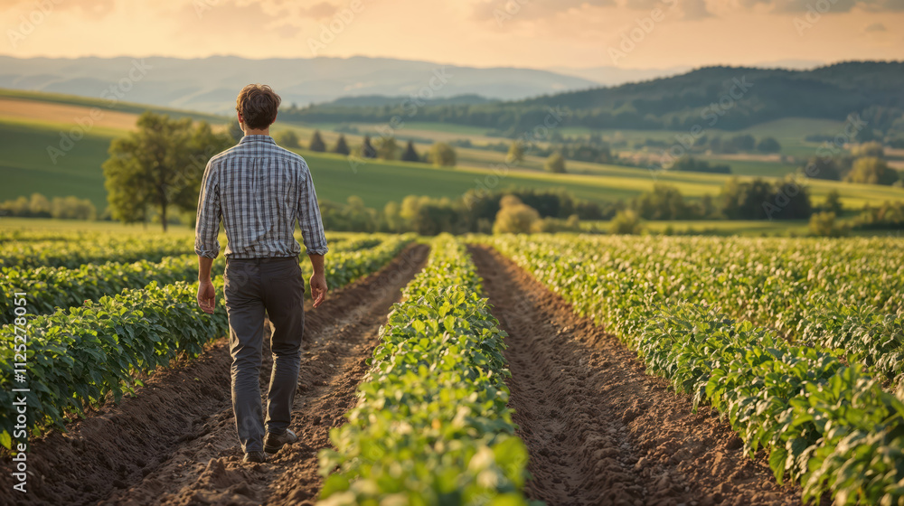 Fototapeta premium Farmer walking along rows of potato plants at sunset