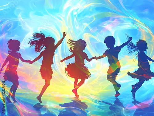 Silhouettes of children dancing energetically on a bright blue background with swirling colors,