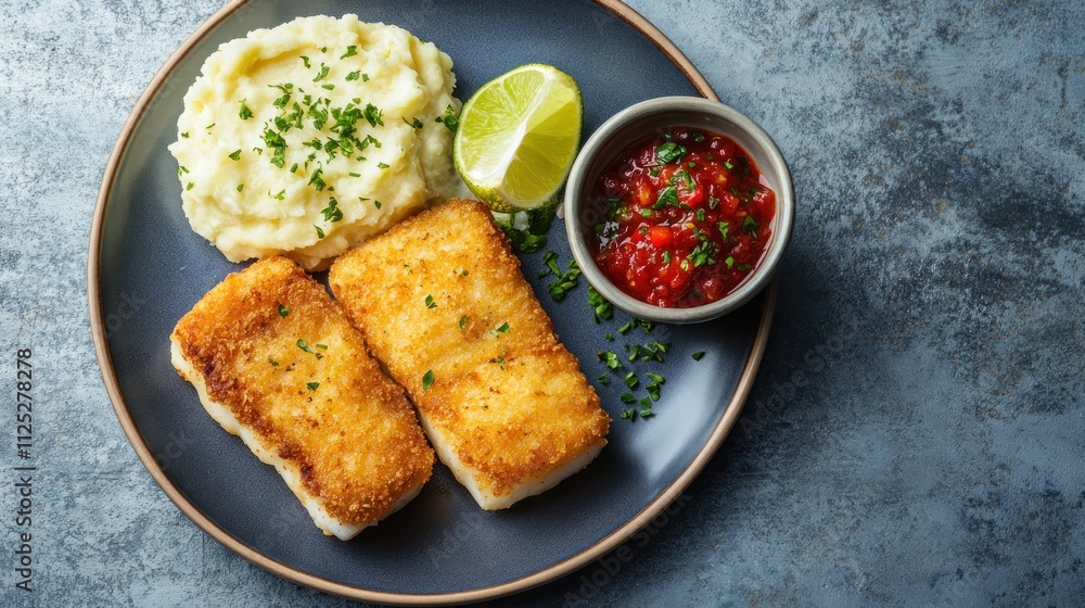 Crispy Fish Patties Served with Mashed Potatoes and Salsa Crispy Fish Patties Served with Mashed Potatoes and Salsa