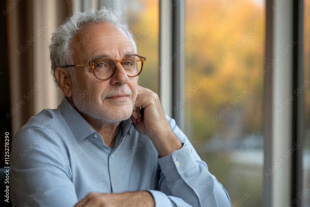 Mature man with gray hair and glasses gazes thoughtfully out a window during autumn evening Mature man with gray hair and glasses gazes thoughtfully out a window during autumn evening