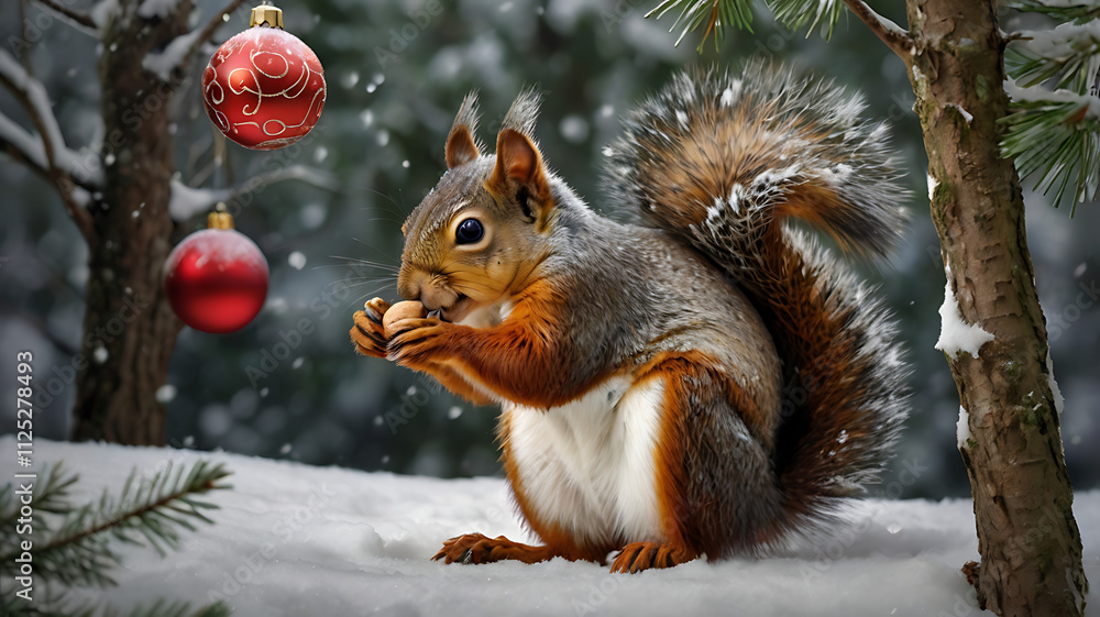 Adorable squirrel enjoying a nut in a snowy winter scene with Christmas ornaments. Adorable squirrel enjoying a nut in a snowy winter scene with Christmas ornaments.