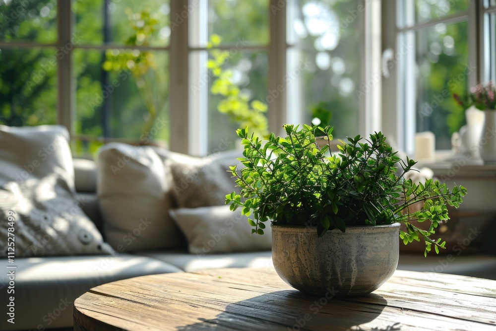 Natural Light Living Room: Green Plant Decor on Wooden Table with Garden Views Natural Light Living Room: Green Plant Decor on Wooden Table with Garden Views