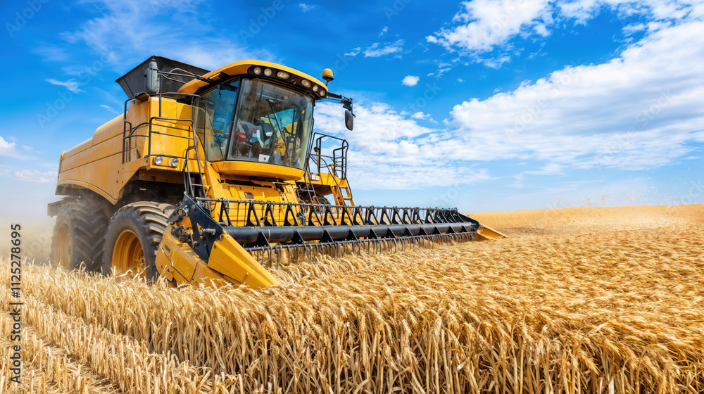 Fototapeta premium Combine harvester harvesting wheat in a field under