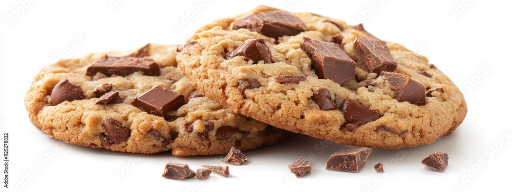 Close-up of two delicious chocolate chip cookies with chunks of rich chocolate, perfect for a sweet snack or dessert. The cookies' golden texture and dark chocolate pieces are mouth-watering. Close-up of two delicious chocolate chip cookies with chunks of rich chocolate, perfect for a sweet snack or dessert. The cookies' golden texture and dark chocolate pieces are mouth-watering.