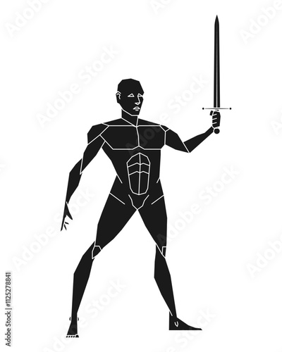 Man posing with sword. Male human body gesture drawing. Figure silhouette. Vector illustration image.