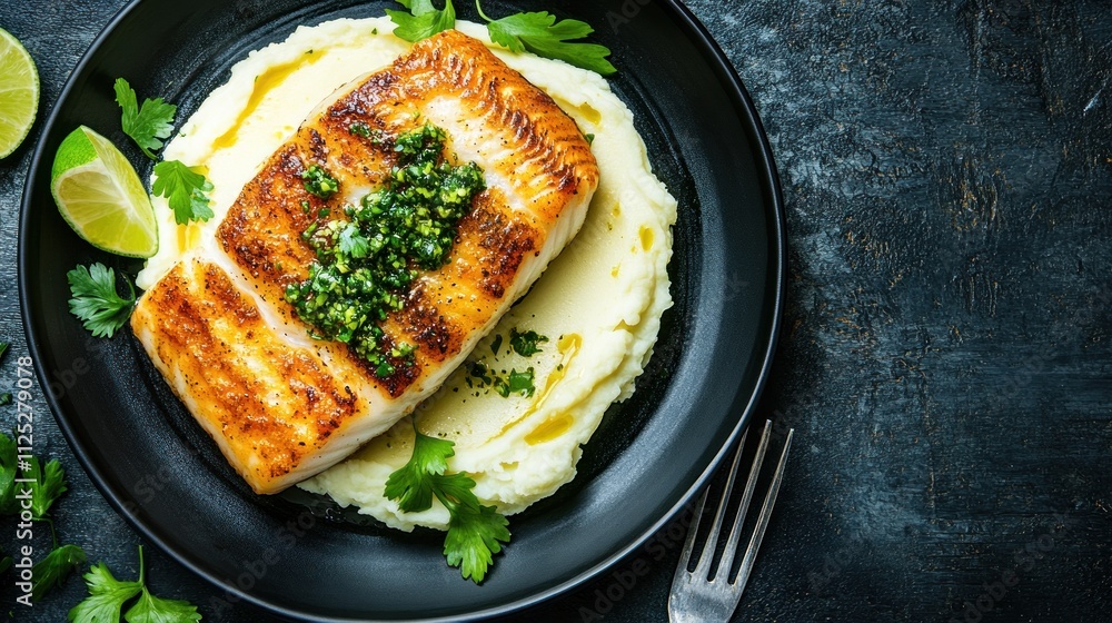 Grilled Fish with Mashed Potatoes and Herb Garnish Grilled Fish with Mashed Potatoes and Herb Garnish