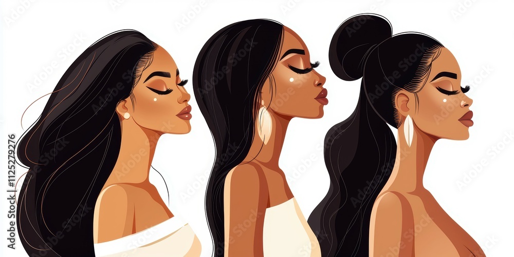 Three stylish women with long hair showcase different profiles and fashion, highlighting beauty and elegance in a minimalist design. Three stylish women with long hair showcase different profiles and fashion, highlighting beauty and elegance in a minimalist design.