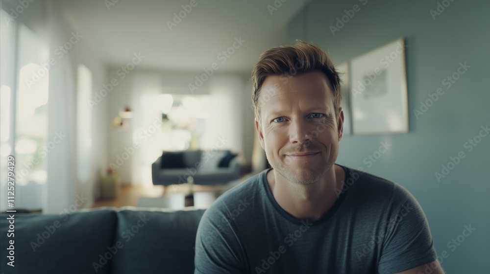 Man is sitting on a couch in a living room Man is sitting on a couch in a living room