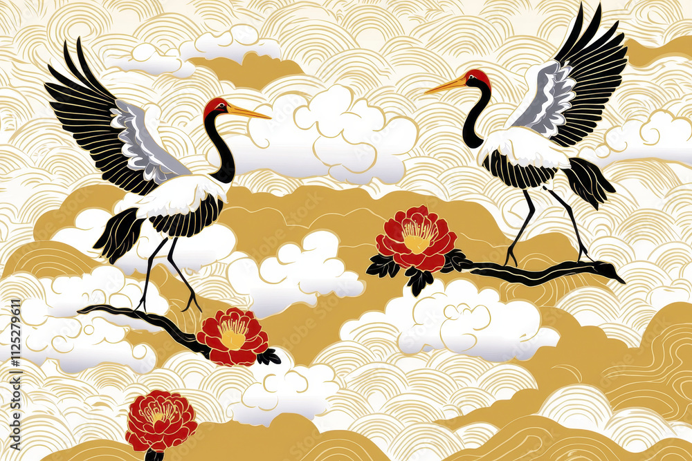 Elegant cranes soar gracefully among stylized clouds and vibrant flowers, embodying traditional Chinese artistry. This captivating scene reflects harmony and beauty in nature Elegant cranes soar gracefully among stylized clouds and vibrant flowers, embodying traditional Chinese artistry. This captivating scene reflects harmony and beauty in nature