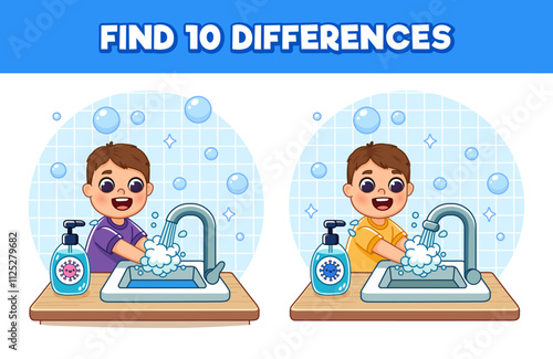 Find 10 differences on the topic of hygiene. Boy in pajamas washes his hands under running water from the tap. There is antimicrobial soap on the table. Cute cartoon illustration, Isolated.