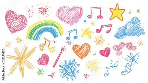 Children's drawing on a white background. Heart, cloud, flower, rainbow, pencil, star