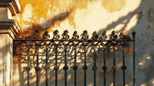 A patterned shadow of a wrought-iron gate stretching across a sunlit plaster wall. photo