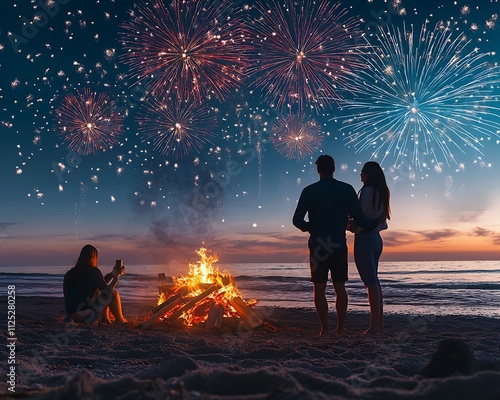 Young adults enjoying a beach bonfire party on New Yeara??s Eve with fireworks in the sky photo