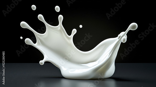 dynamic splash of milk creates eye catching visual effect, showcasing fluid motion and texture against dark background. contrast highlights purity and freshness of milk photo