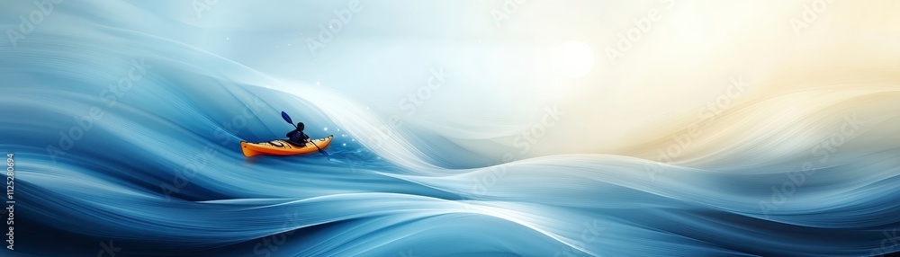 A serene scene of a lone kayaker navigating tranquil blue waves under a soft, glowing sky. A serene scene of a lone kayaker navigating tranquil blue waves under a soft, glowing sky.