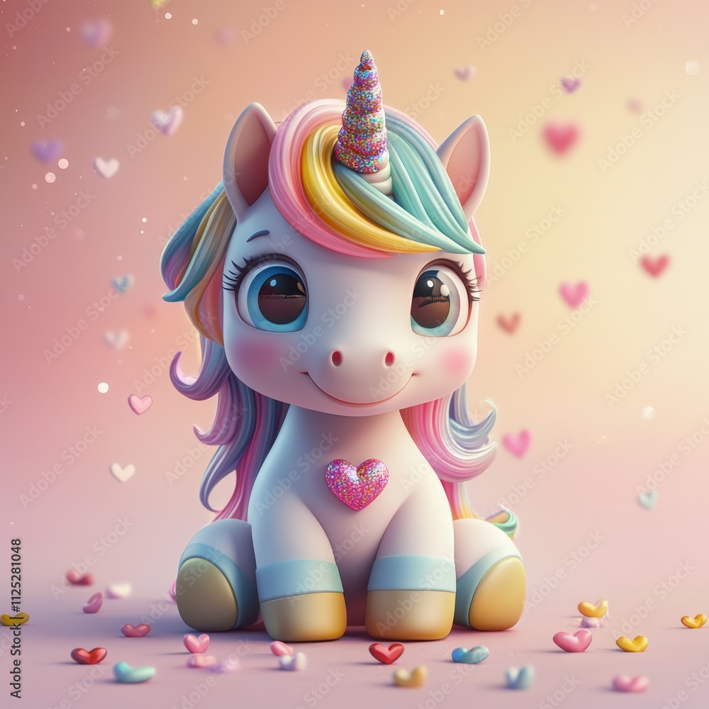 Naklejka premium Cute pastel unicorn character with colorful mane and sparkling horn in a heart-filled background