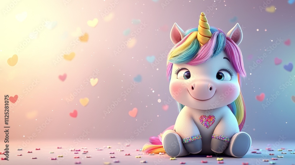 Naklejka premium Cute cartoon unicorn character with colorful mane and hearts in the background during a cheerful celebration