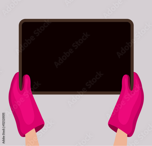 vector illustration of hands in oven mittens holding baking tray. home bakery