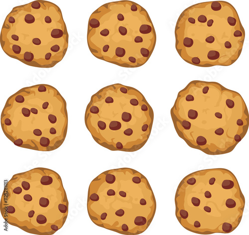 vector set of chocolate chip whole cookies isolated on white background. symbols of homemade biscuit choc cookie. flat clipart collection