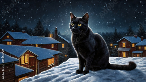 Black cat sitting on snowy roof at night, overlooking a small village with warm lights.