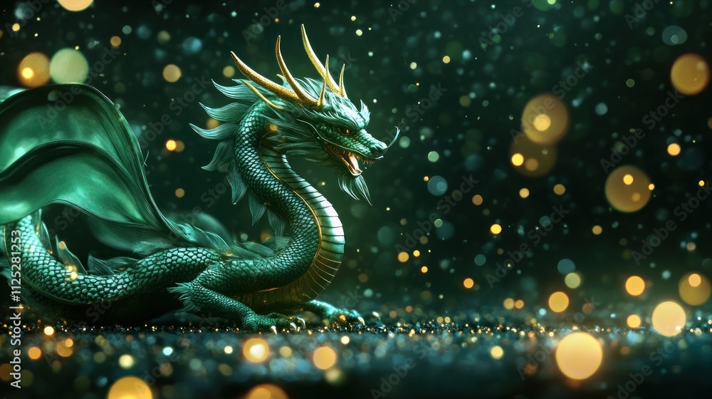 Fototapeta premium An Elegant Green Dragon Amidst Sparkling Lights