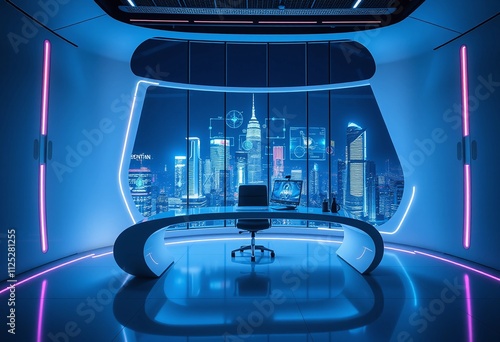 Futuristic Workspace Featuring Curved Desk, Ergonomic Chair, Holographic Display, and Color-Changing LED Wall with Neon City Views.
 photo