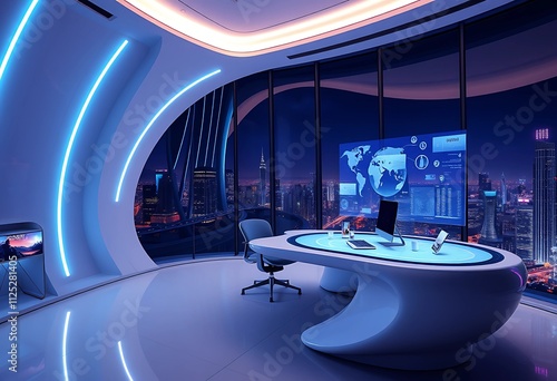 Futuristic Office with Color-Changing LED Wall, Ergonomic Chair, Curved Desk, and Holographic Display, Overlooking a Neon Cityscape.
 photo