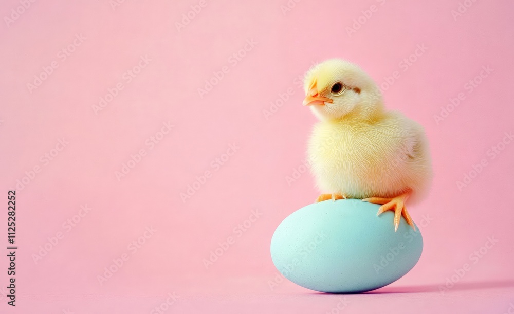 fluffy yellow chick perches atop a light blue Easter egg against a solid pink backdrop.Easter greeting card. spring and new life concept. copy space. fluffy yellow chick perches atop a light blue Easter egg against a solid pink backdrop.Easter greeting card. spring and new life concept. copy space.