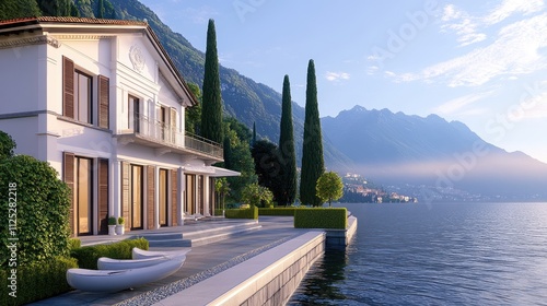 Fototapeta Naklejka Na Ścianę i Meble -  Morning light reveals a picturesque village by Lake Como, showcasing cypress trees and inviting villas nestled along the tranquil coastline